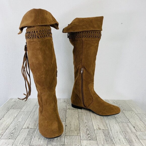 Mudd Womens Reto Tall Boots Size 6.5 Cognac Brown Hippie Bohemian Fringe Tassel - Picture 4 of 14
